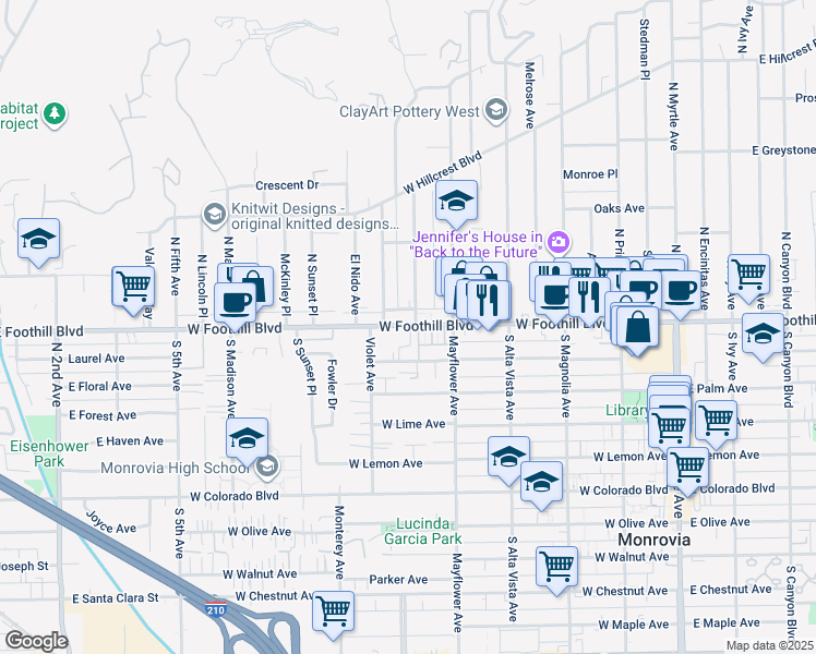 map of restaurants, bars, coffee shops, grocery stores, and more near 541 Linwood Avenue in Monrovia