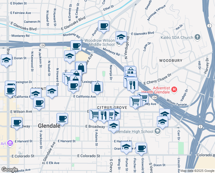 map of restaurants, bars, coffee shops, grocery stores, and more near 1131 East California Avenue in Glendale