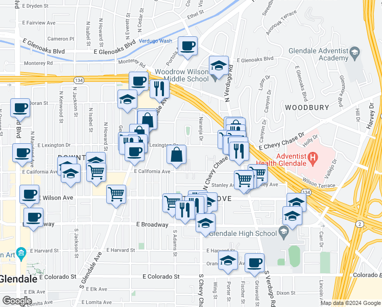 map of restaurants, bars, coffee shops, grocery stores, and more near 1131 East California Avenue in Glendale