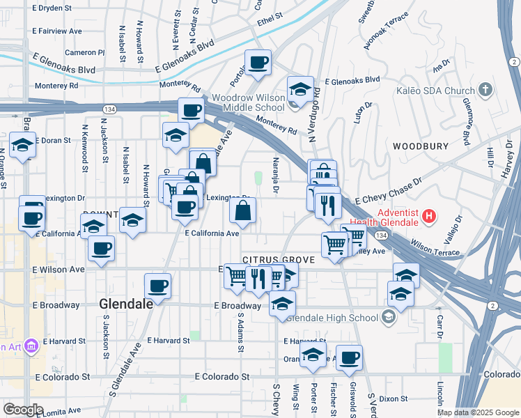 map of restaurants, bars, coffee shops, grocery stores, and more near 1131 East California Avenue in Glendale