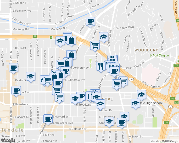 map of restaurants, bars, coffee shops, grocery stores, and more near 1131 East California Avenue in Glendale