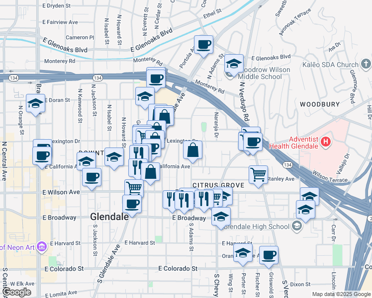 map of restaurants, bars, coffee shops, grocery stores, and more near 315 North Adams Street in Glendale