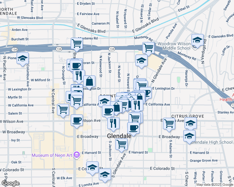map of restaurants, bars, coffee shops, grocery stores, and more near in Glendale