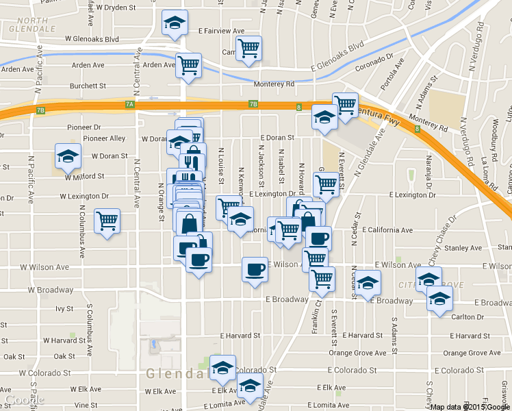 map of restaurants, bars, coffee shops, grocery stores, and more near 320 North Kenwood Street in Glendale