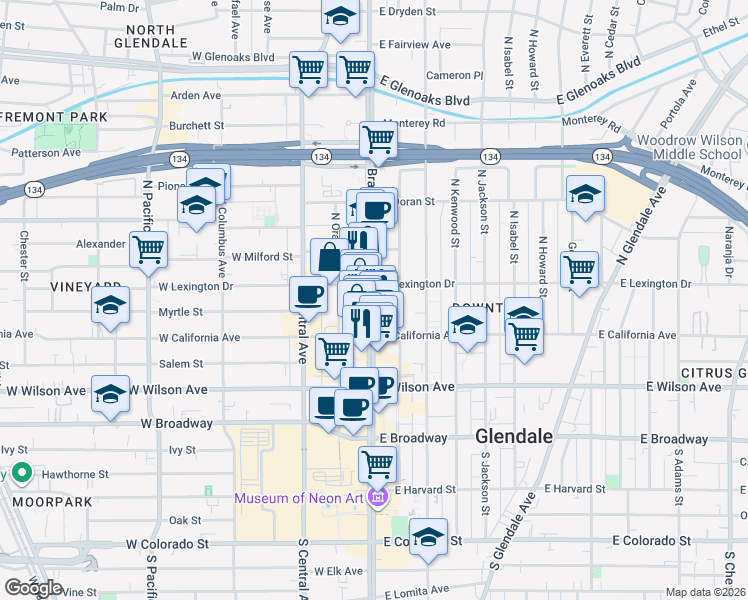 map of restaurants, bars, coffee shops, grocery stores, and more near 309 North Brand Boulevard in Glendale