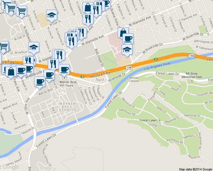 map of restaurants, bars, coffee shops, grocery stores, and more near 523 South Gaylord Drive in Burbank