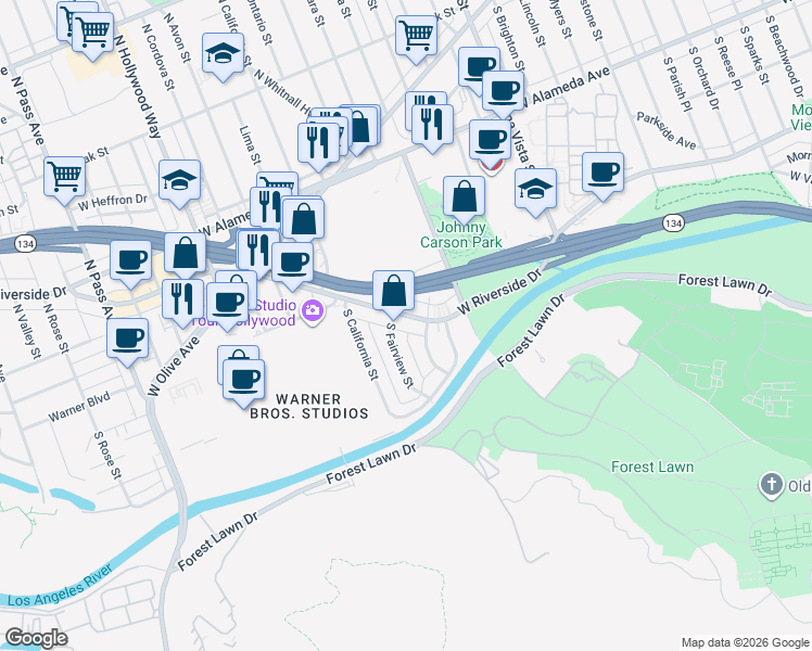 map of restaurants, bars, coffee shops, grocery stores, and more near 436 Redwood Street in Burbank