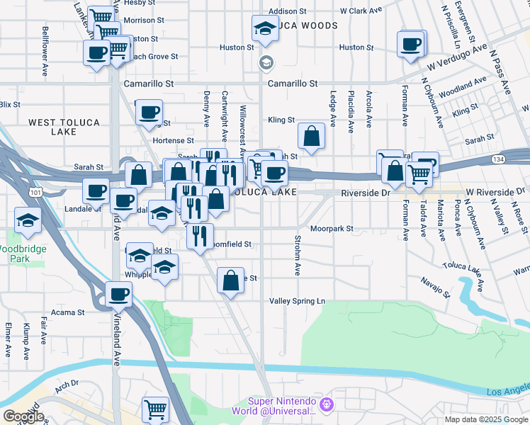 map of restaurants, bars, coffee shops, grocery stores, and more near 10611 Moorpark Street in Los Angeles