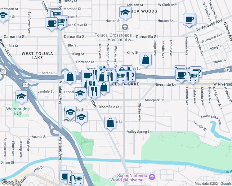 map of restaurants, bars, coffee shops, grocery stores, and more near 10611 Moorpark Street in Los Angeles