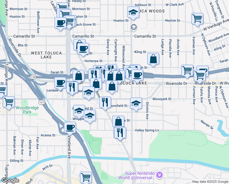 map of restaurants, bars, coffee shops, grocery stores, and more near 10659 Moorpark Street in Los Angeles