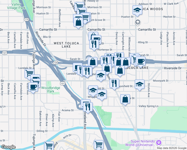 map of restaurants, bars, coffee shops, grocery stores, and more near 10945 Moorpark Street in Los Angeles