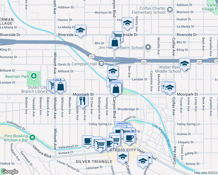 map of restaurants, bars, coffee shops, grocery stores, and more near 12143 Moorpark Street in Los Angeles
