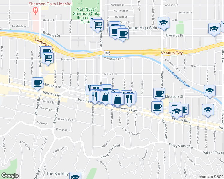 map of restaurants, bars, coffee shops, grocery stores, and more near 14025 Moorpark Street in Los Angeles