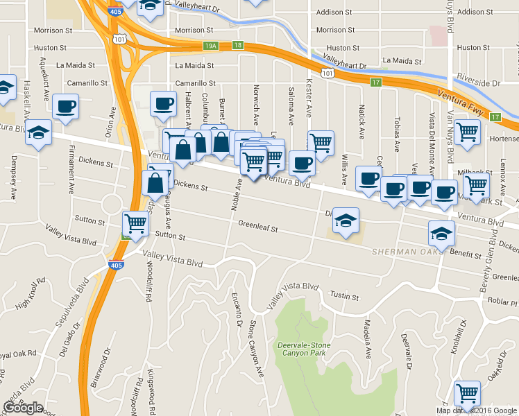 map of restaurants, bars, coffee shops, grocery stores, and more near 15029 Greenleaf Street in Los Angeles