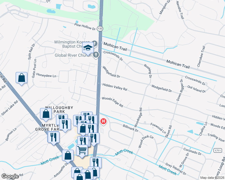 map of restaurants, bars, coffee shops, grocery stores, and more near 4705 Woods Edge Road in Wilmington