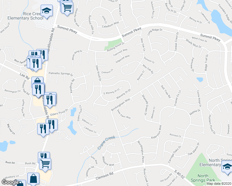 map of restaurants, bars, coffee shops, grocery stores, and more near 1315 Waverly Place Lane in Columbia