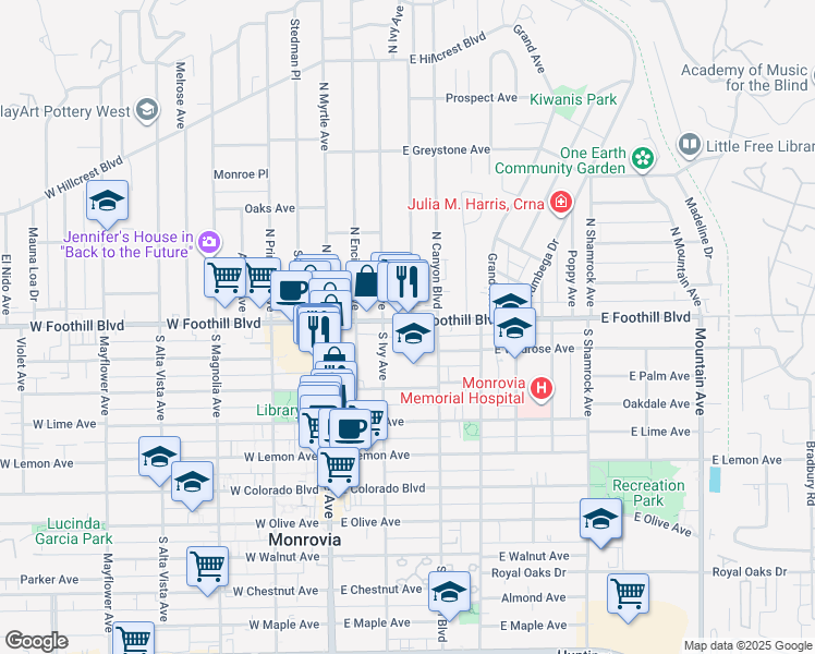 map of restaurants, bars, coffee shops, grocery stores, and more near 226 South Ivy Avenue in Monrovia