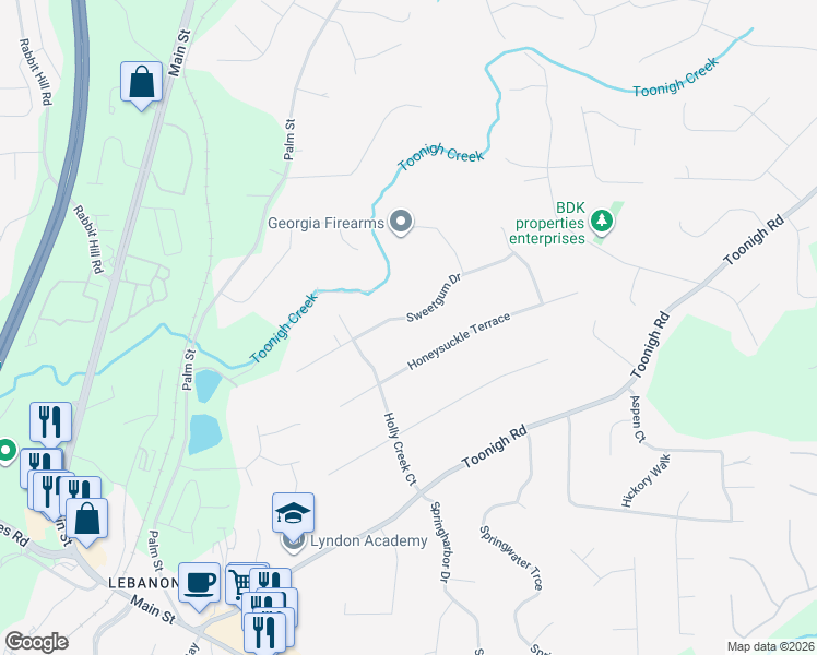 map of restaurants, bars, coffee shops, grocery stores, and more near 315 Honeysuckle Terrace in Woodstock