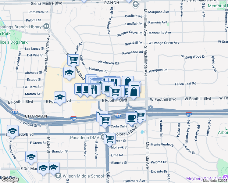 map of restaurants, bars, coffee shops, grocery stores, and more near 3751 East Foothill Boulevard in Pasadena