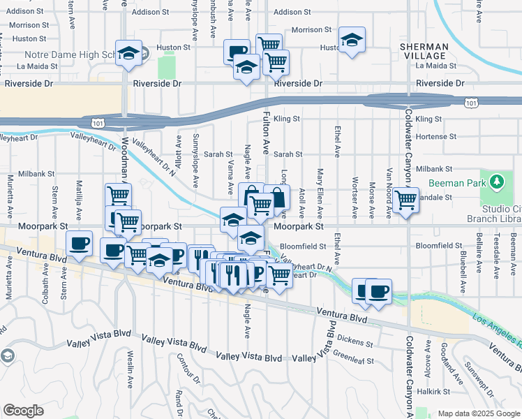 map of restaurants, bars, coffee shops, grocery stores, and more near 4419 Fulton Avenue in Los Angeles