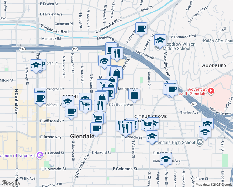 map of restaurants, bars, coffee shops, grocery stores, and more near 337 North Cedar Street in Glendale