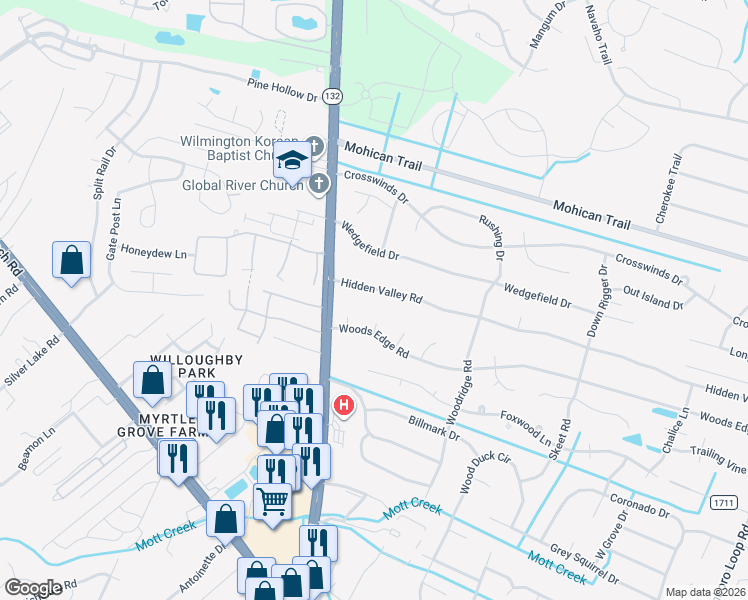 map of restaurants, bars, coffee shops, grocery stores, and more near 4705 Woods Edge Road in Wilmington