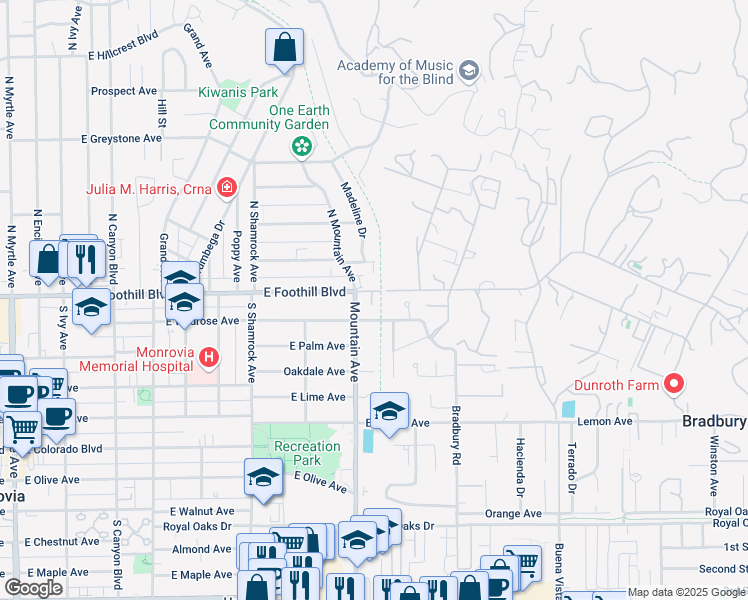 map of restaurants, bars, coffee shops, grocery stores, and more near 108 Mountain Avenue in Monrovia