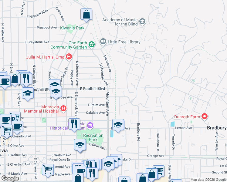 map of restaurants, bars, coffee shops, grocery stores, and more near 108 Mountain Avenue in Monrovia