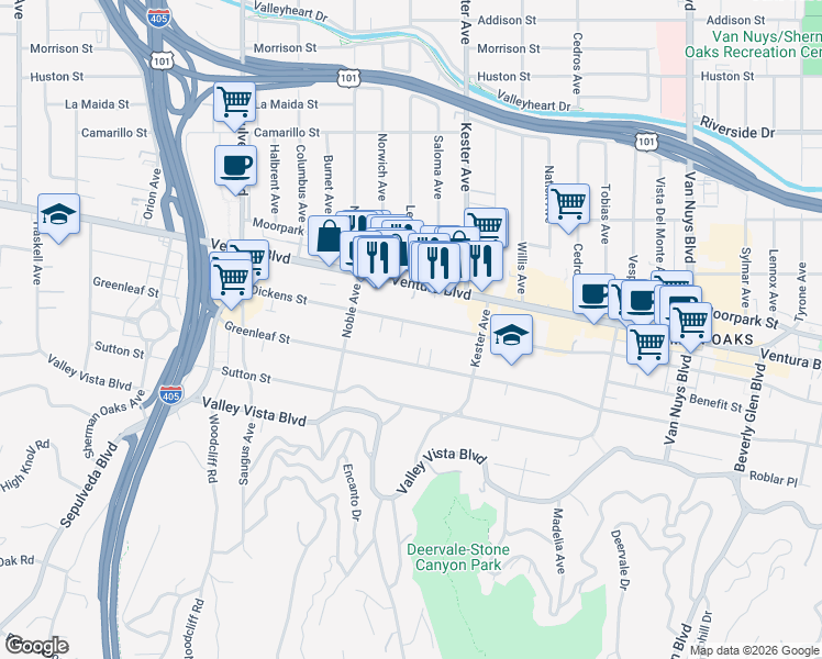 map of restaurants, bars, coffee shops, grocery stores, and more near 14953 Greenleaf Street in Los Angeles