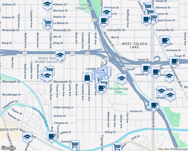 map of restaurants, bars, coffee shops, grocery stores, and more near 4433 Kraft Avenue in Los Angeles