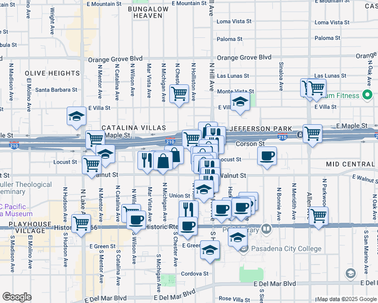 map of restaurants, bars, coffee shops, grocery stores, and more near 259 North Holliston Avenue in Pasadena