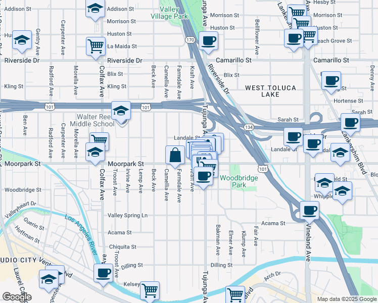 map of restaurants, bars, coffee shops, grocery stores, and more near 4433 Kraft Avenue in Los Angeles