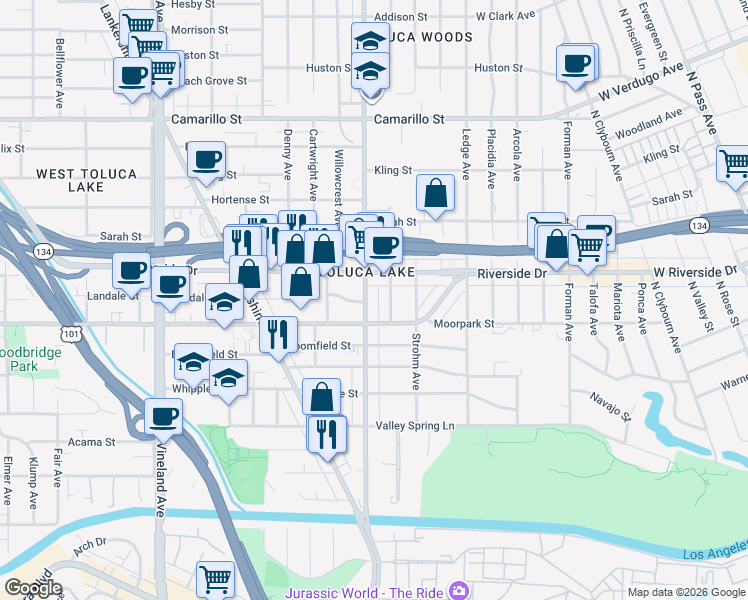 map of restaurants, bars, coffee shops, grocery stores, and more near 4426 Cahuenga Boulevard in Los Angeles