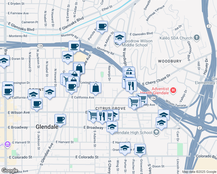 map of restaurants, bars, coffee shops, grocery stores, and more near 1146 East Lexington Drive in Glendale
