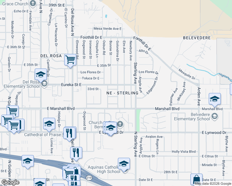 map of restaurants, bars, coffee shops, grocery stores, and more near in San Bernardino
