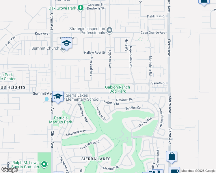 map of restaurants, bars, coffee shops, grocery stores, and more near 16461 Basswood Lane in Fontana