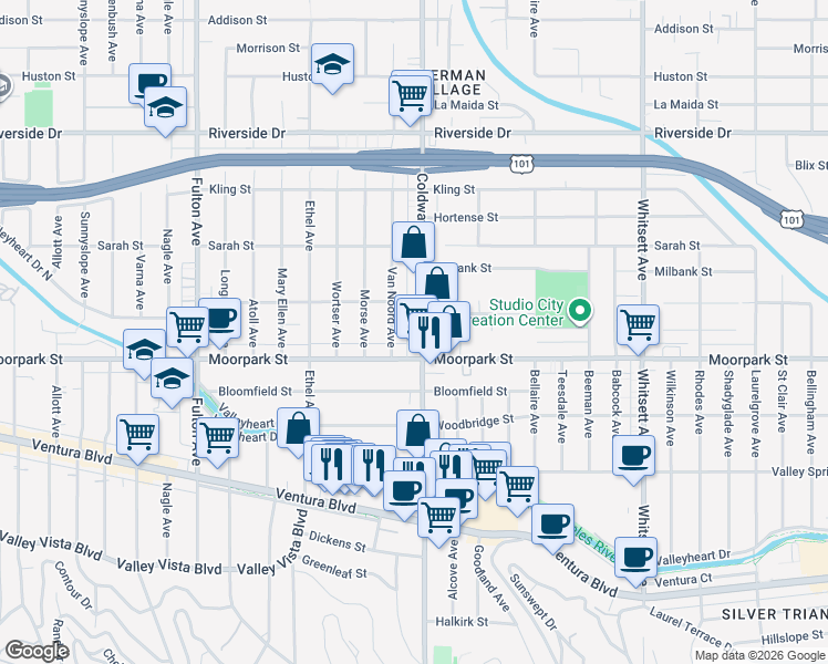 map of restaurants, bars, coffee shops, grocery stores, and more near 12911 Moorpark Street in Los Angeles