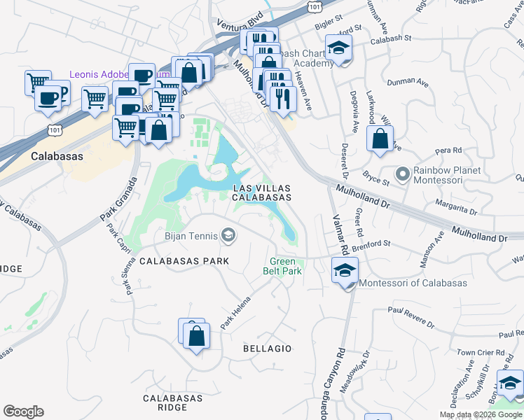map of restaurants, bars, coffee shops, grocery stores, and more near 23109 Park Contessa in Calabasas