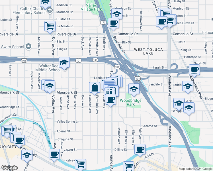 map of restaurants, bars, coffee shops, grocery stores, and more near 4428 Kraft Avenue in Los Angeles