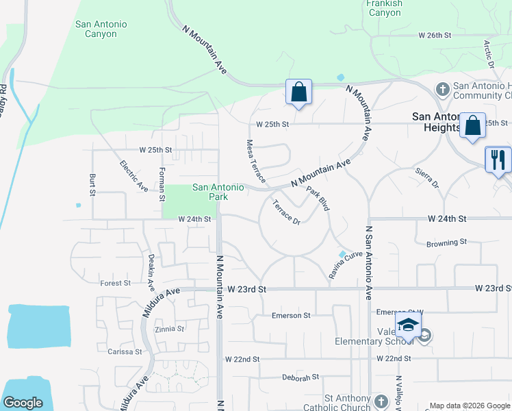 map of restaurants, bars, coffee shops, grocery stores, and more near 2415 Park Boulevard in Upland