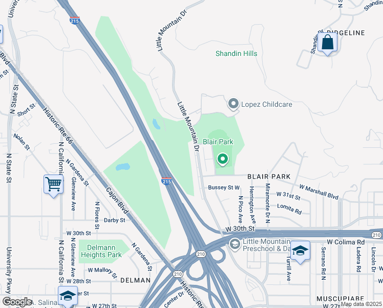 map of restaurants, bars, coffee shops, grocery stores, and more near 3274 Little Mountain Drive in San Bernardino