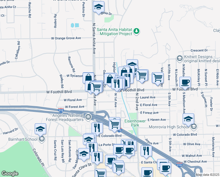 map of restaurants, bars, coffee shops, grocery stores, and more near 1015 North 1st Avenue in Arcadia