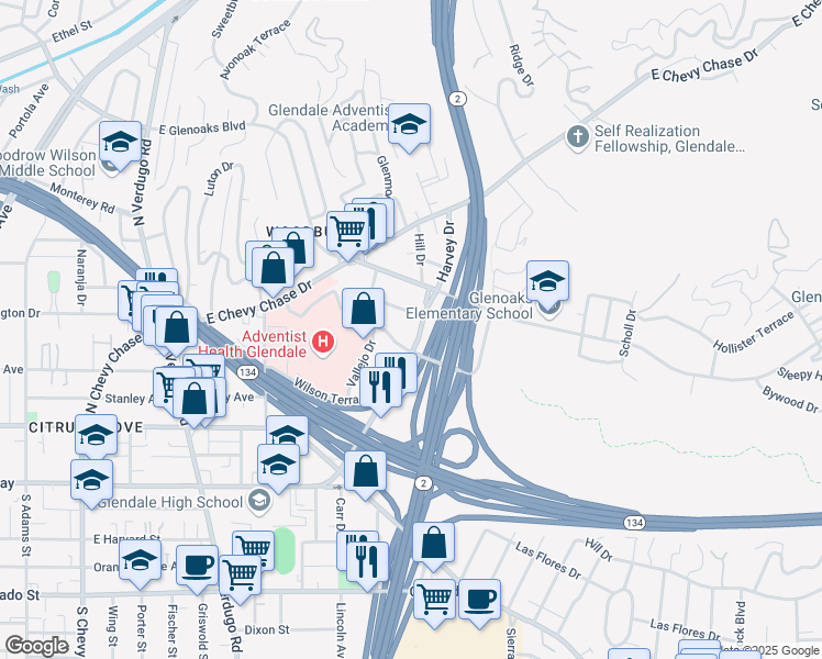 map of restaurants, bars, coffee shops, grocery stores, and more near 357 Harvey Drive in Glendale