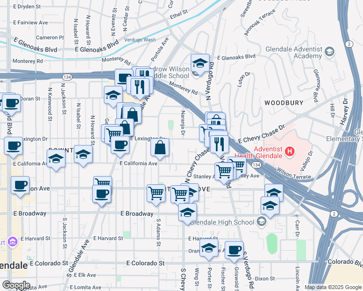 map of restaurants, bars, coffee shops, grocery stores, and more near 1146 East Lexington Drive in Glendale