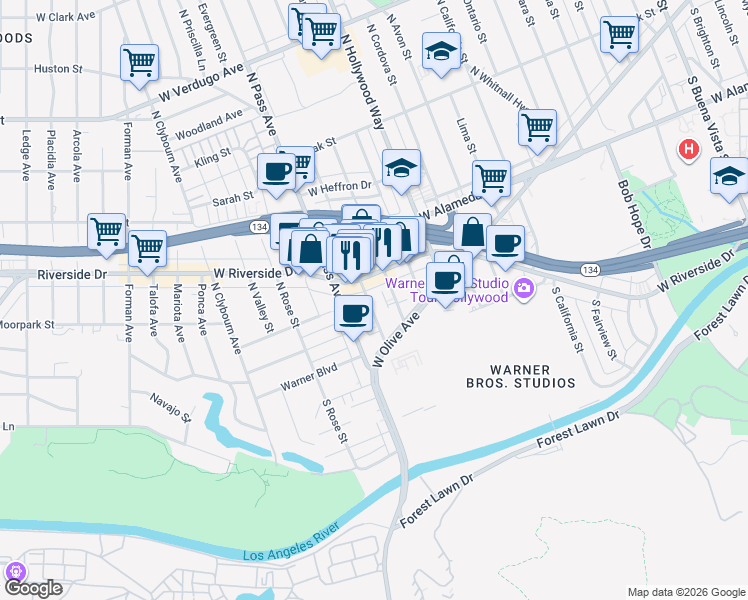 map of restaurants, bars, coffee shops, grocery stores, and more near 3915 Riverside Drive in Burbank