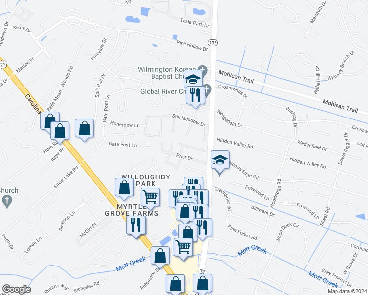 map of restaurants, bars, coffee shops, grocery stores, and more near 4804 College Road in Wilmington
