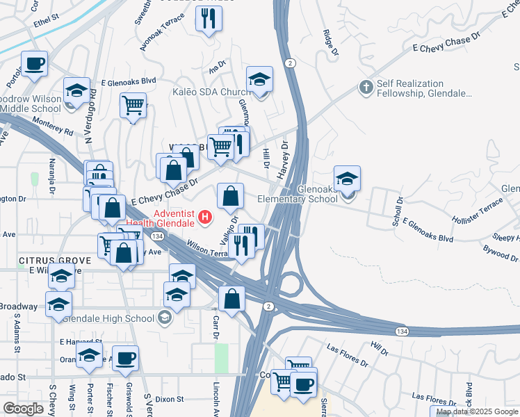 map of restaurants, bars, coffee shops, grocery stores, and more near 357 Harvey Drive in Glendale