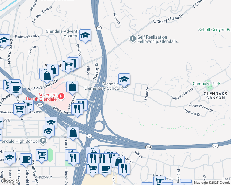 map of restaurants, bars, coffee shops, grocery stores, and more near 1998 East Glenoaks Boulevard in Glendale
