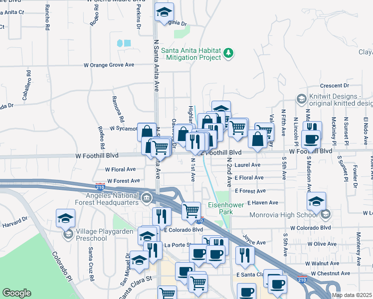 map of restaurants, bars, coffee shops, grocery stores, and more near 1129 Highland Oaks Drive in Arcadia