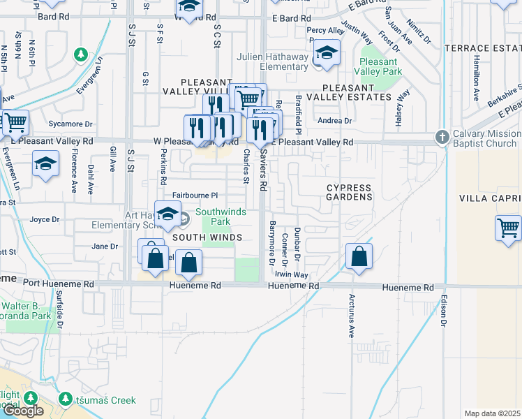 map of restaurants, bars, coffee shops, grocery stores, and more near Saviers Rd & Clara St in Oxnard